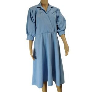 1990s Blondie Me Blue Jean Puffy Sleeve Fit Flare Dress Size Large Y2K Vintage